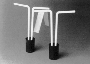 Elektroskop tillverkat av sugrör stående i modellera som laddas med tejpbitar med olika laddning. Foto.