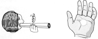 Förklarande teckning över hur man ska hålla hand och papprör om illusionen av ett hål ska uppträda i handflatan. Illustration.