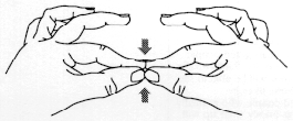 Teckning som visar hur man kan föra samman sina pekfingrar och tummar och skapa ett litet hål mellan fingerblommorna. Illustration.