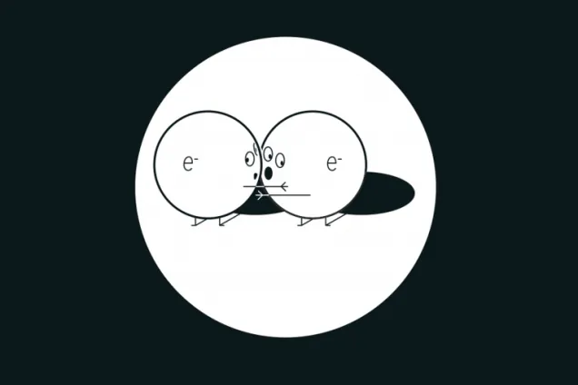Två tecknade elektroner som håller om varandra.