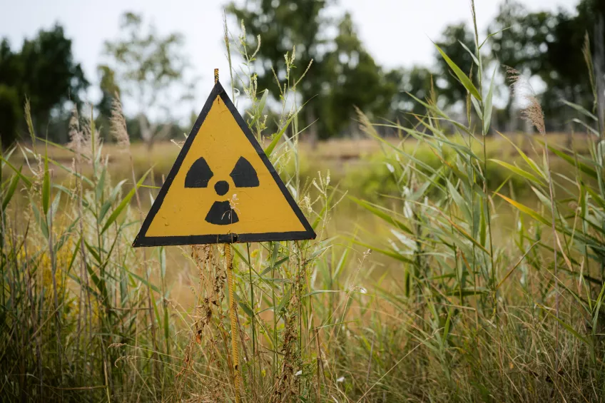 Gul varningstriangel för radioaktivitet uppsatt i ett fält. Foto.