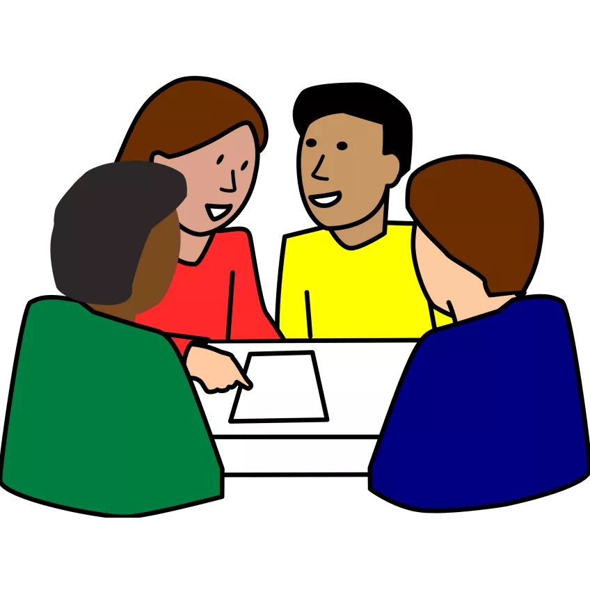 Tecknad bild föreställande fyra personer som diskuterar vid ett bord. Illustration.