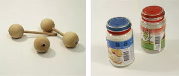 En bild av förborrade träkulor som satts ihop med en trästav och en bild av två barnmatsburkar där den ena fyllts med mjöl och den andra med vatten. Foto.
