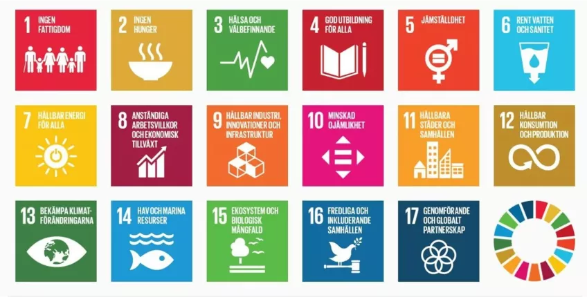 På bilden visas symboliskt FN:s sjutton globala hållbarhetsmål.