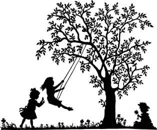 Silhuettbild av ett barn som blir gungat i ett träd. Illustration.